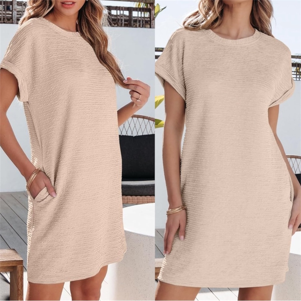 Evaless Cream Textured Short Sleeve Crewneck Spring Mini T-Shirt Pocket Dress XS